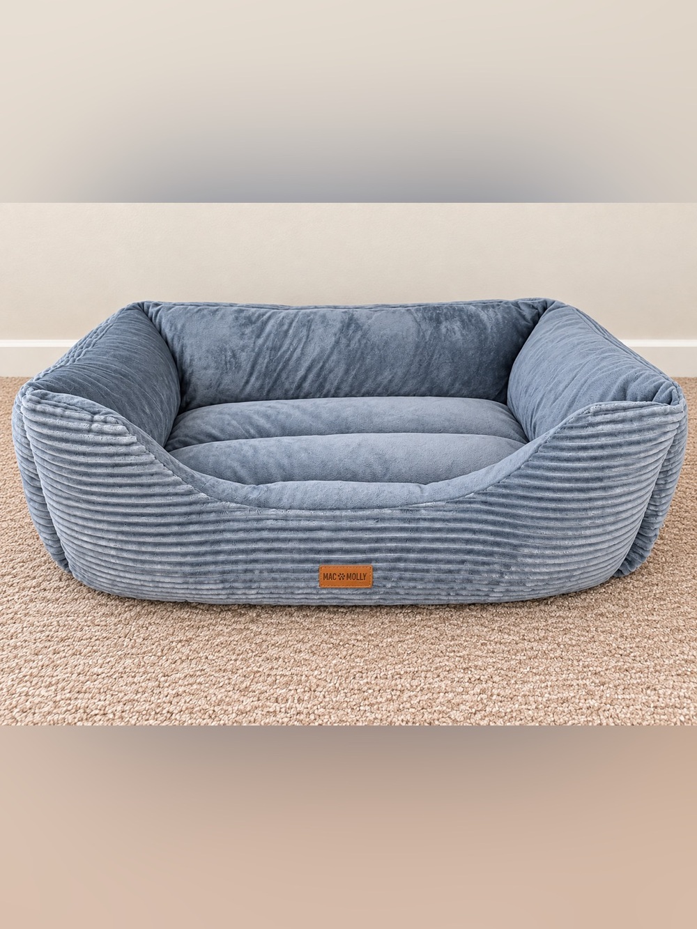 Mac & Molly Large Gray Plush Bolster Dog Bed Corduroy Soft Cozy Pet Bed